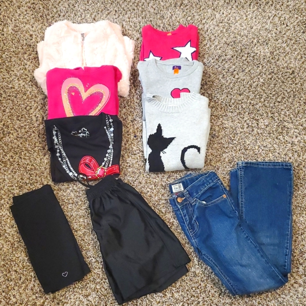 Girls 6/7 fall winter bundle fur, jeans sweatshirt